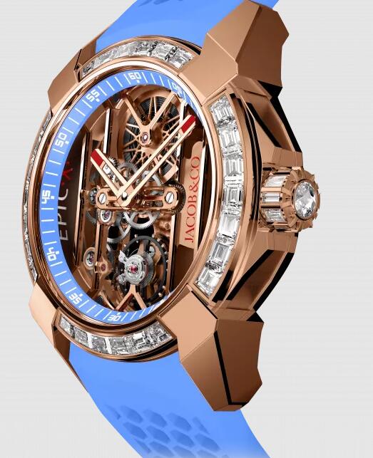 Jacob & Co EX100.43.BD.AB.ABRUA EPIC X ROSE GOLD BAGUETTE (SKY BLUE NEORALITHE INNER RING) replica watch